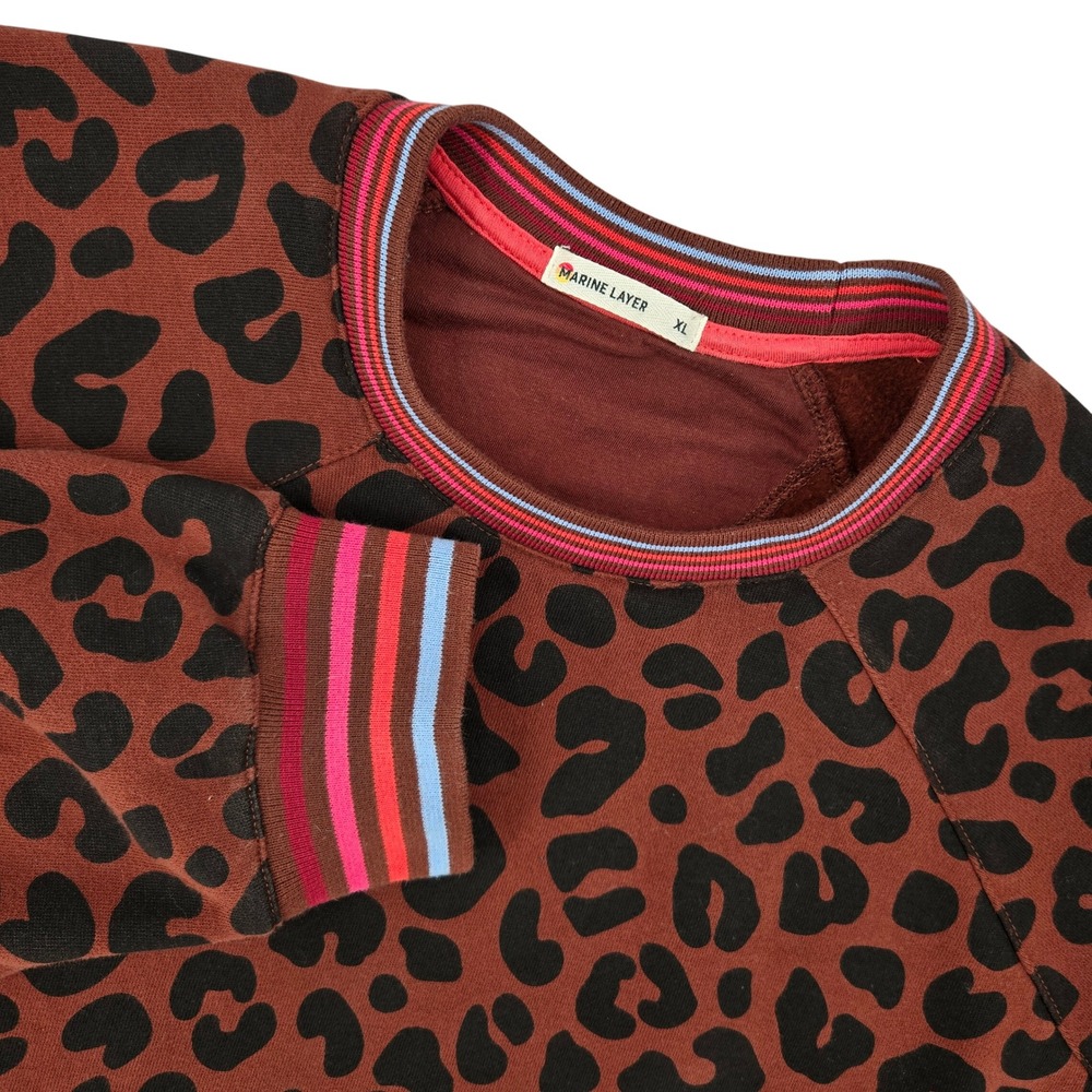 Marine Layer Brown Leopard Print Sweatshirt with Striped Trim